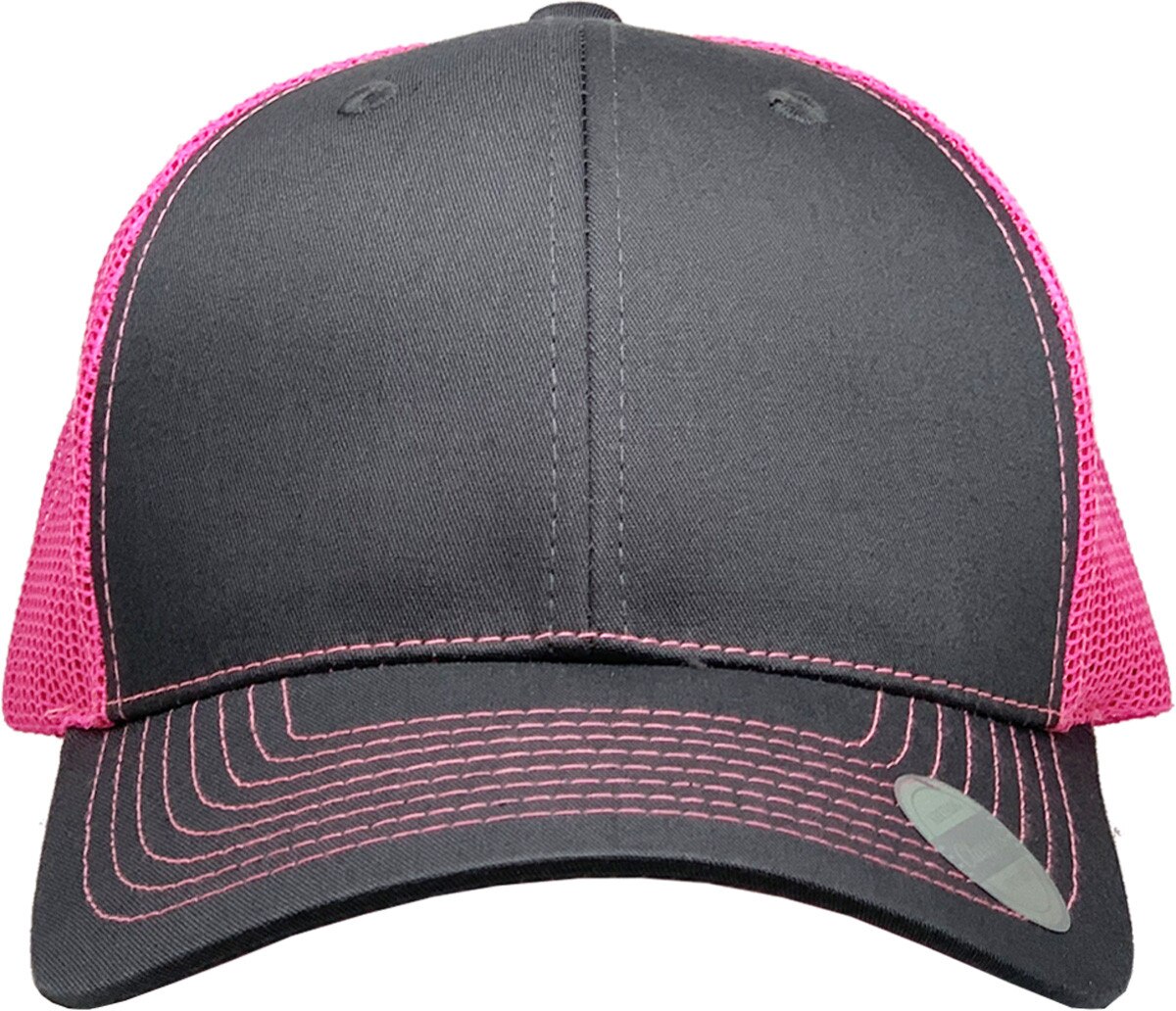 Dark Gray Neon Pink Two Tone Classic 6 Panel Trucker Mesh Snapback Front View